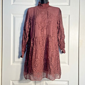Soft Surroundings Dress Women Small Mauve Silk Tunic Embroidered High Neck Lined